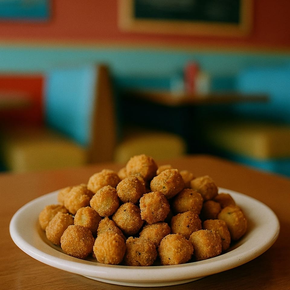 A white plate piled high with golden-brown fried okra sits on a wooden table at Chick O’ Fish.