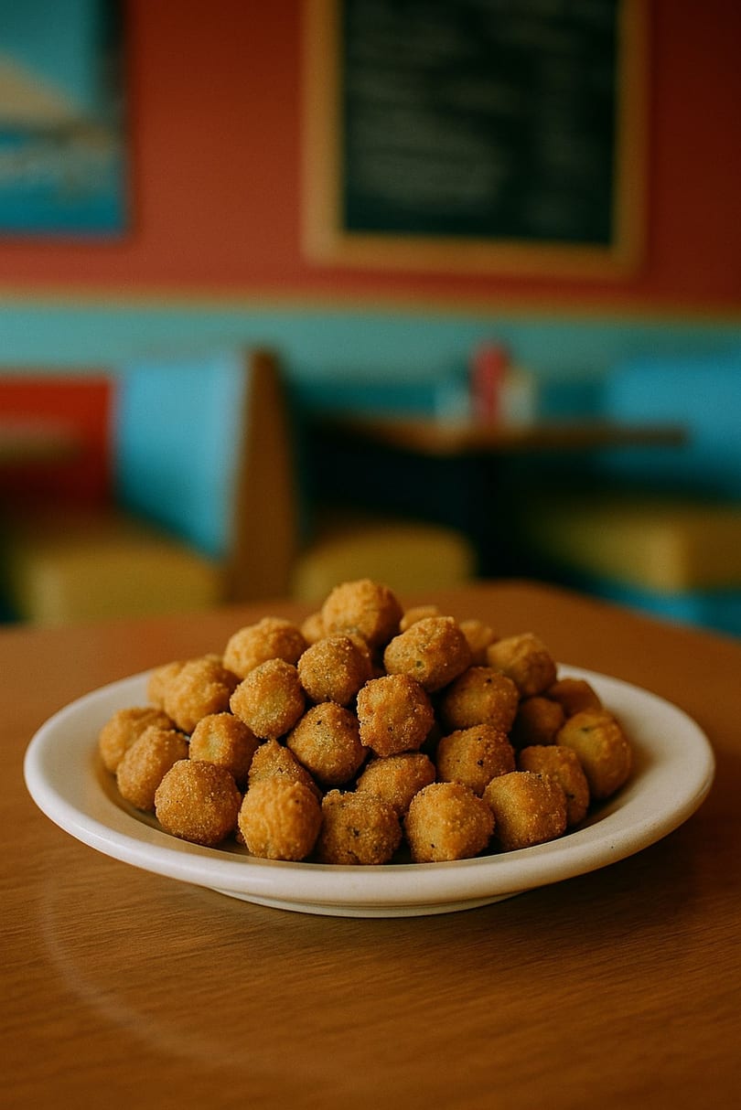 A white plate piled high with golden-brown fried okra sits on a wooden table at Chick O’ Fish.