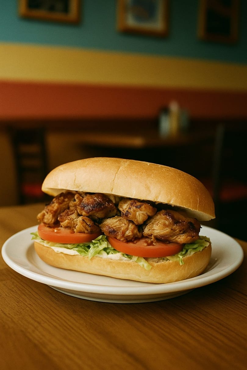 A Chick O' Fish grilled chicken sandwich with lettuce and tomato on a white plate.