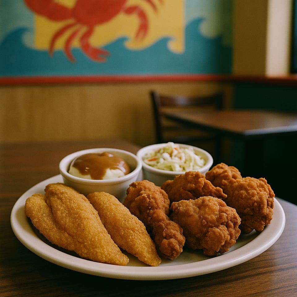 A plate of fried fish, fried chicken, mashed potatoes with gravy, and coleslaw on a table.