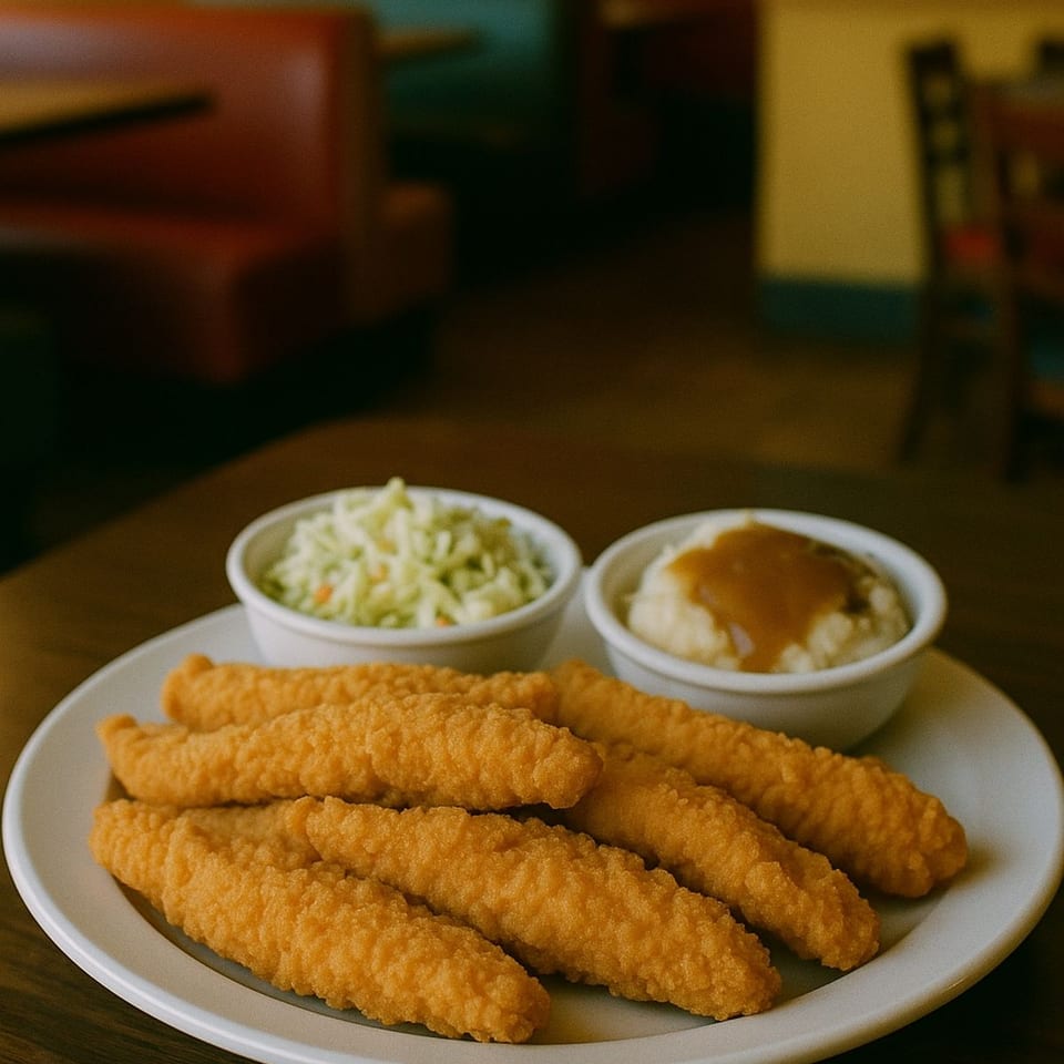 A plate of golden fried fish strips, coleslaw, and mashed potatoes with gravy at Chick O’ Fish.